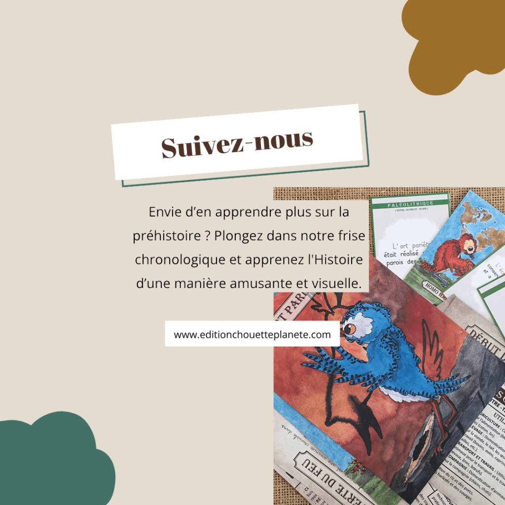 Support pédagogique illustré pour comprendre les 3 périodes de la préhistoire